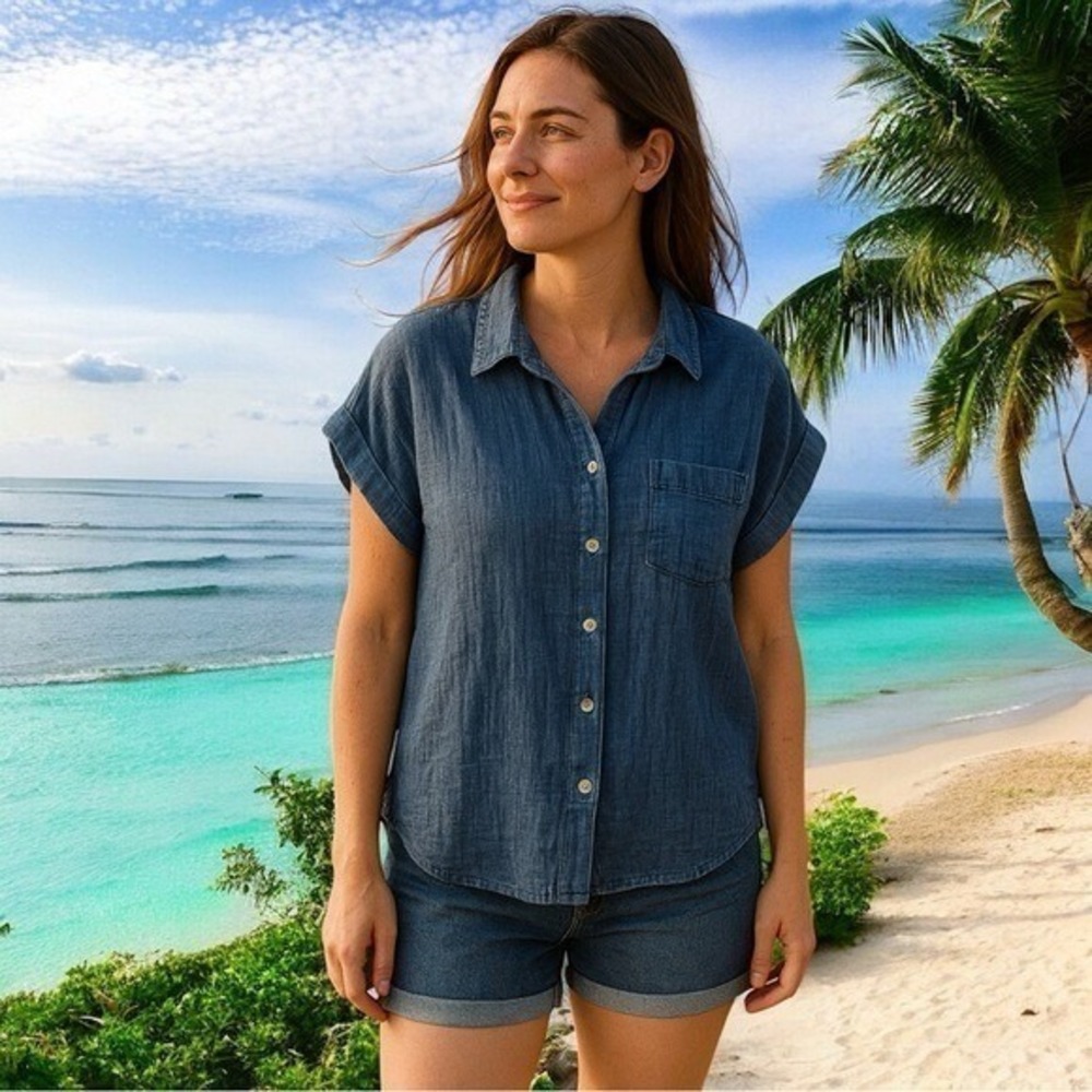 NEW Sim & Sam Blue Gauze Buttondown Top Capsule Comfort Coastal Travel Chic S